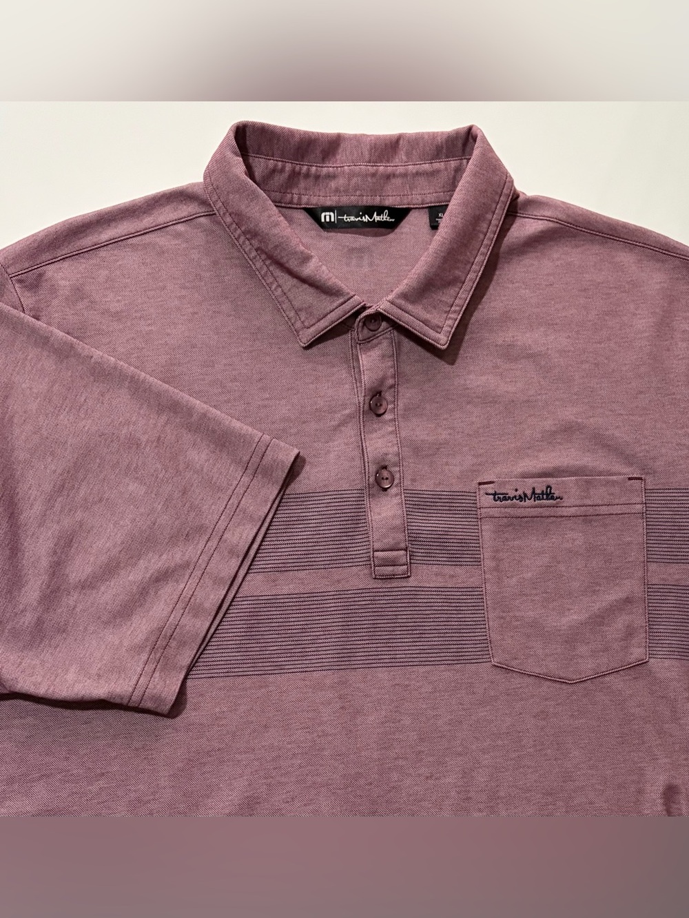 Travis Mathew Polo Mens XL Mauve Wine Heathered Stripe Pocket Short Sleeve